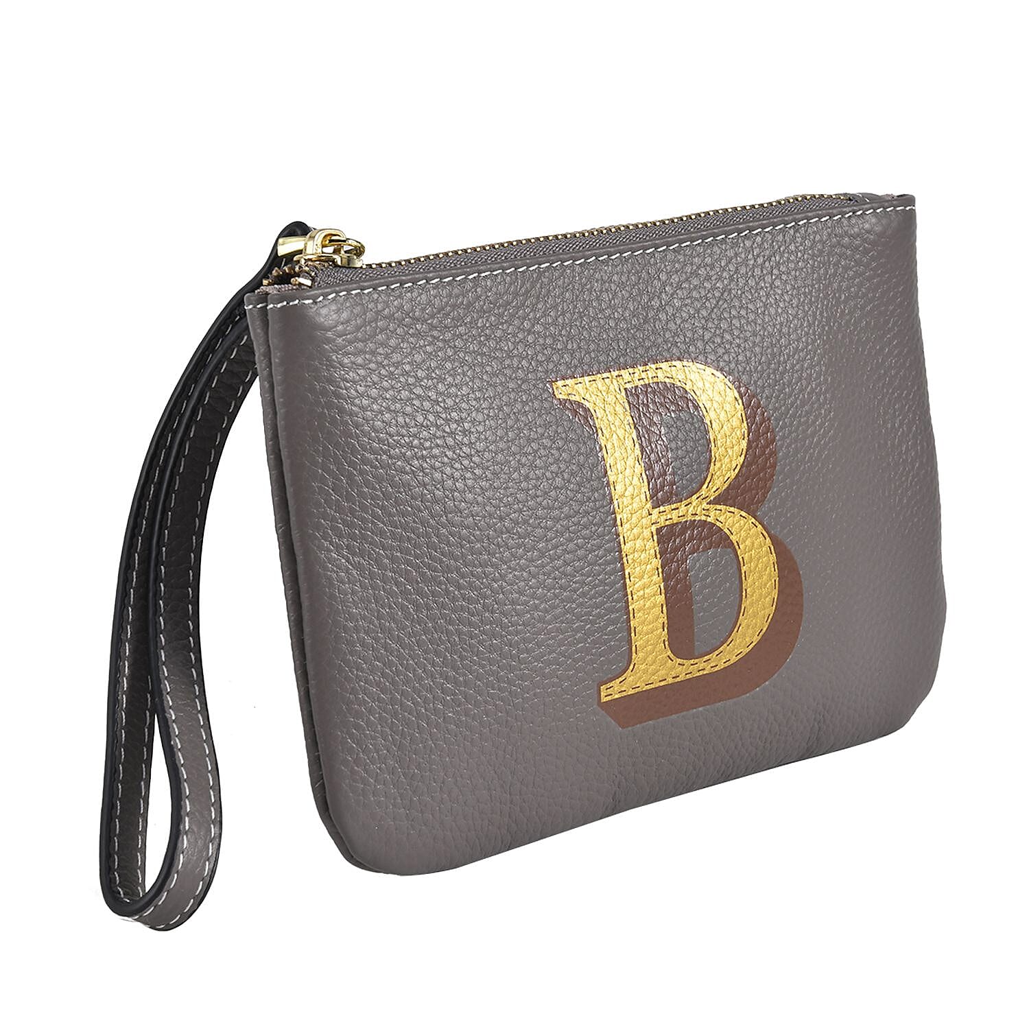 100% Genuine Leather B Letterpress Wristlet Clutch - Grey
