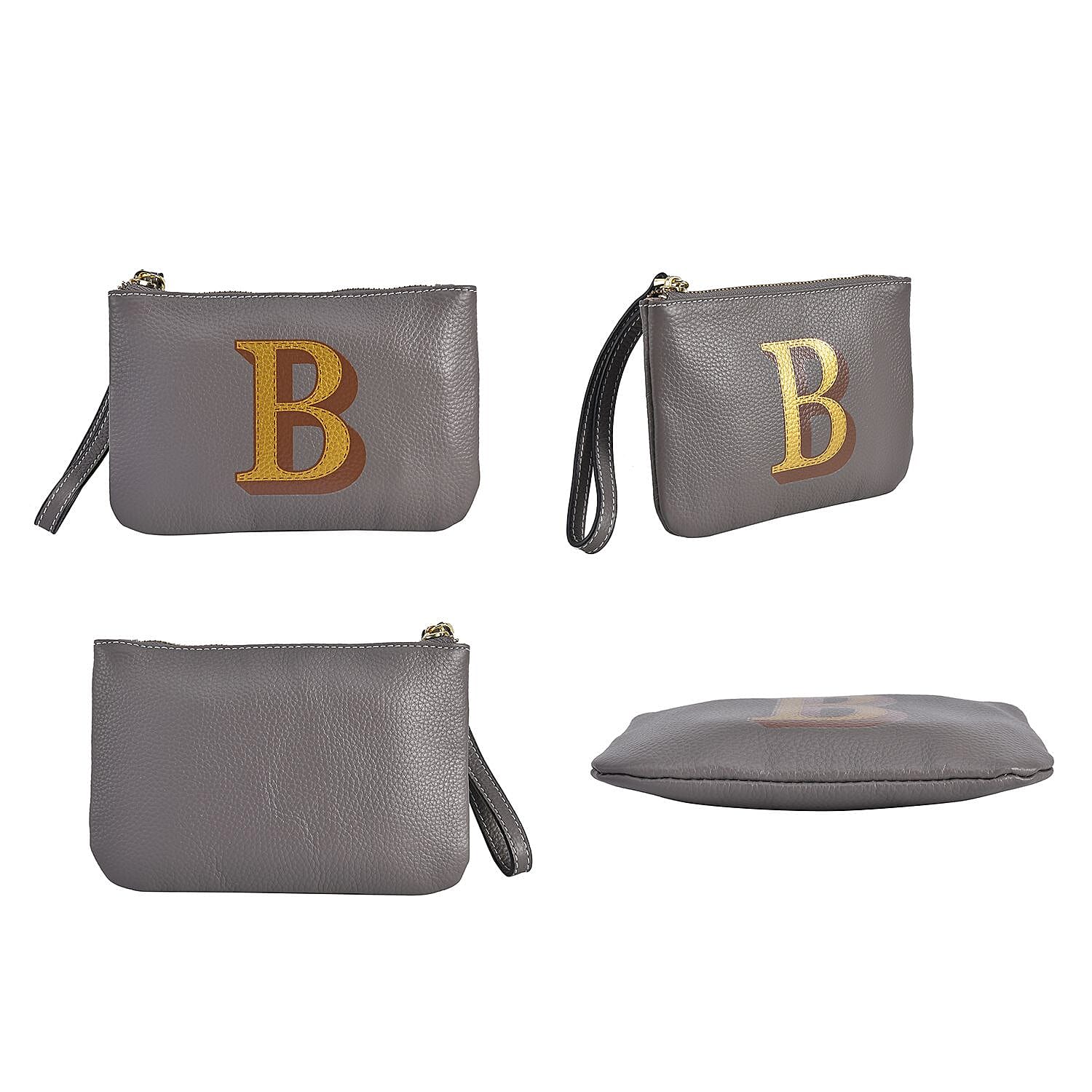 100% Genuine Leather B Letterpress Wristlet Clutch - Grey