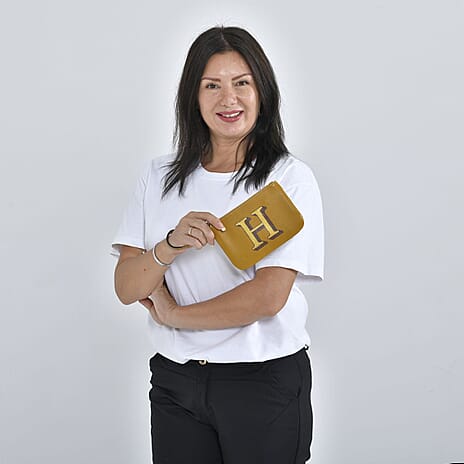 100% Genuine Leather H Letterpress Wristlet Clutch - Mustard