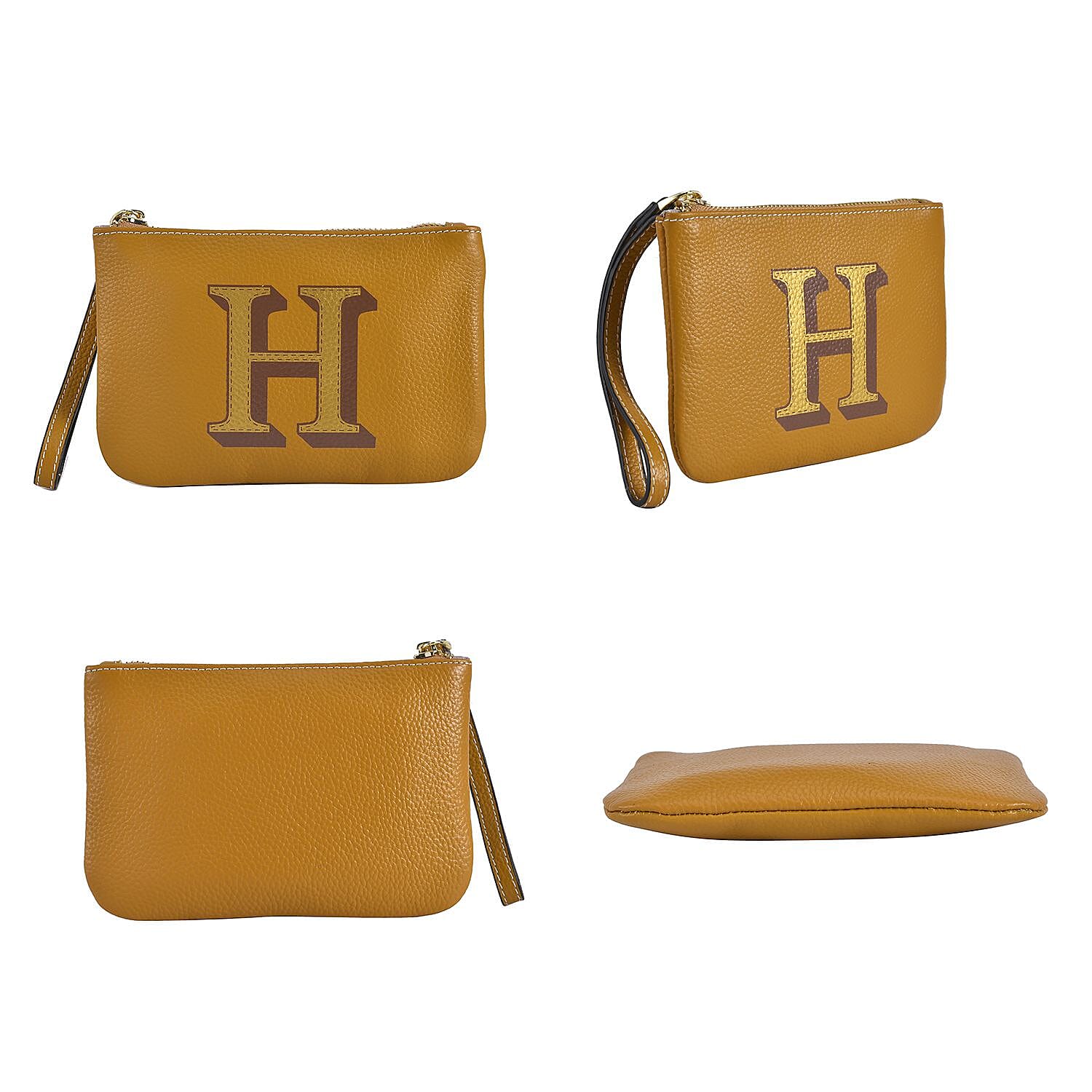 100% Genuine Leather Alphabet H Wallet with RFID Protection (Size 18x12 Cm) - Yellow