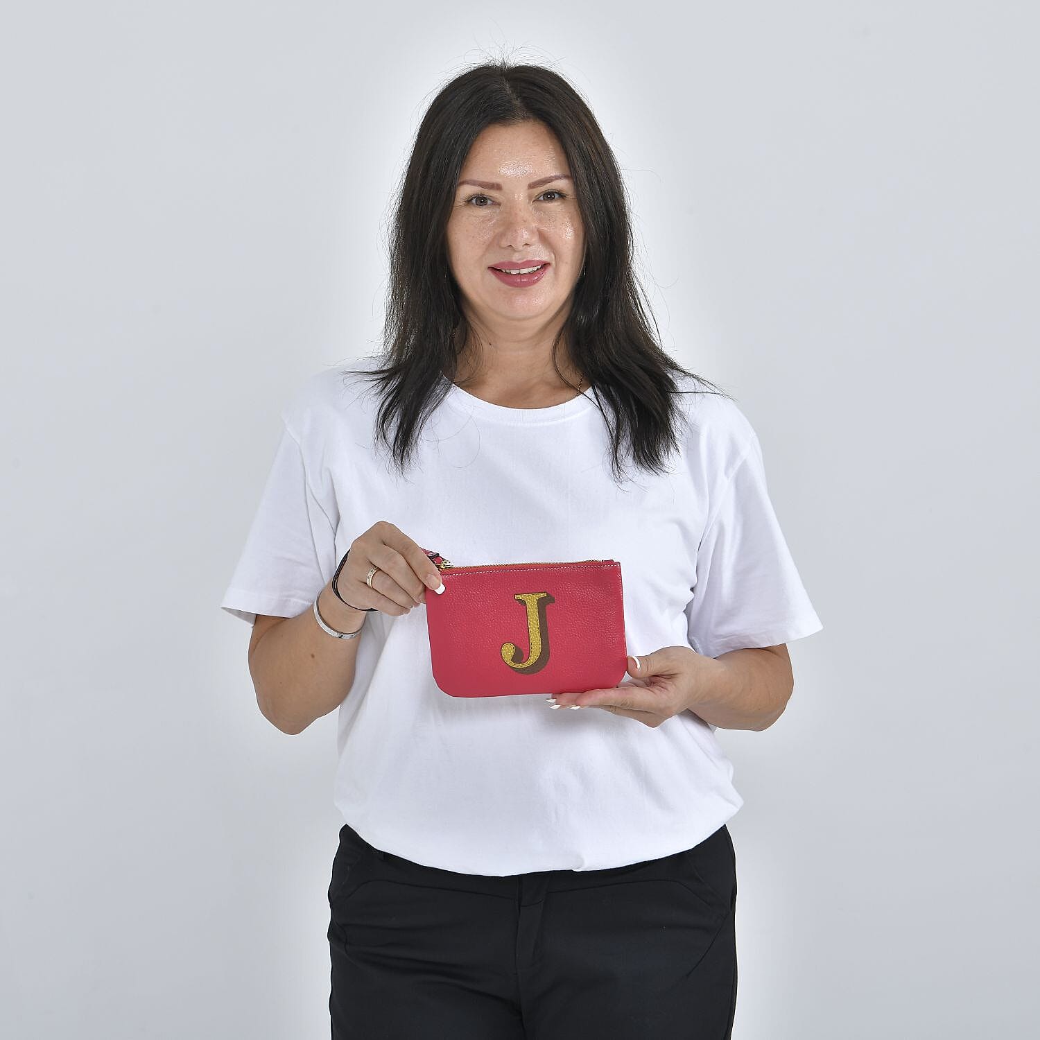 100% Genuine Leather J Letterpress Wristlet Clutch - Pink