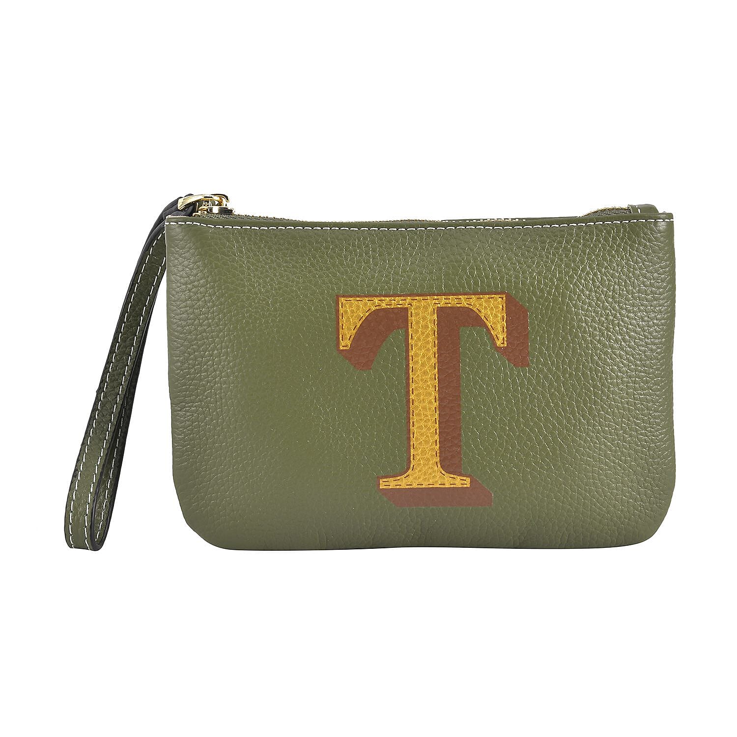 100% Genuine Leather T Letterpress Wristlet Clutch - Army Green