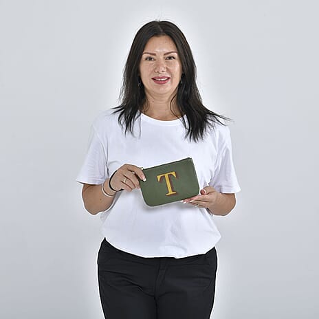 100% Genuine Leather T Letterpress Wristlet Clutch - Army Green