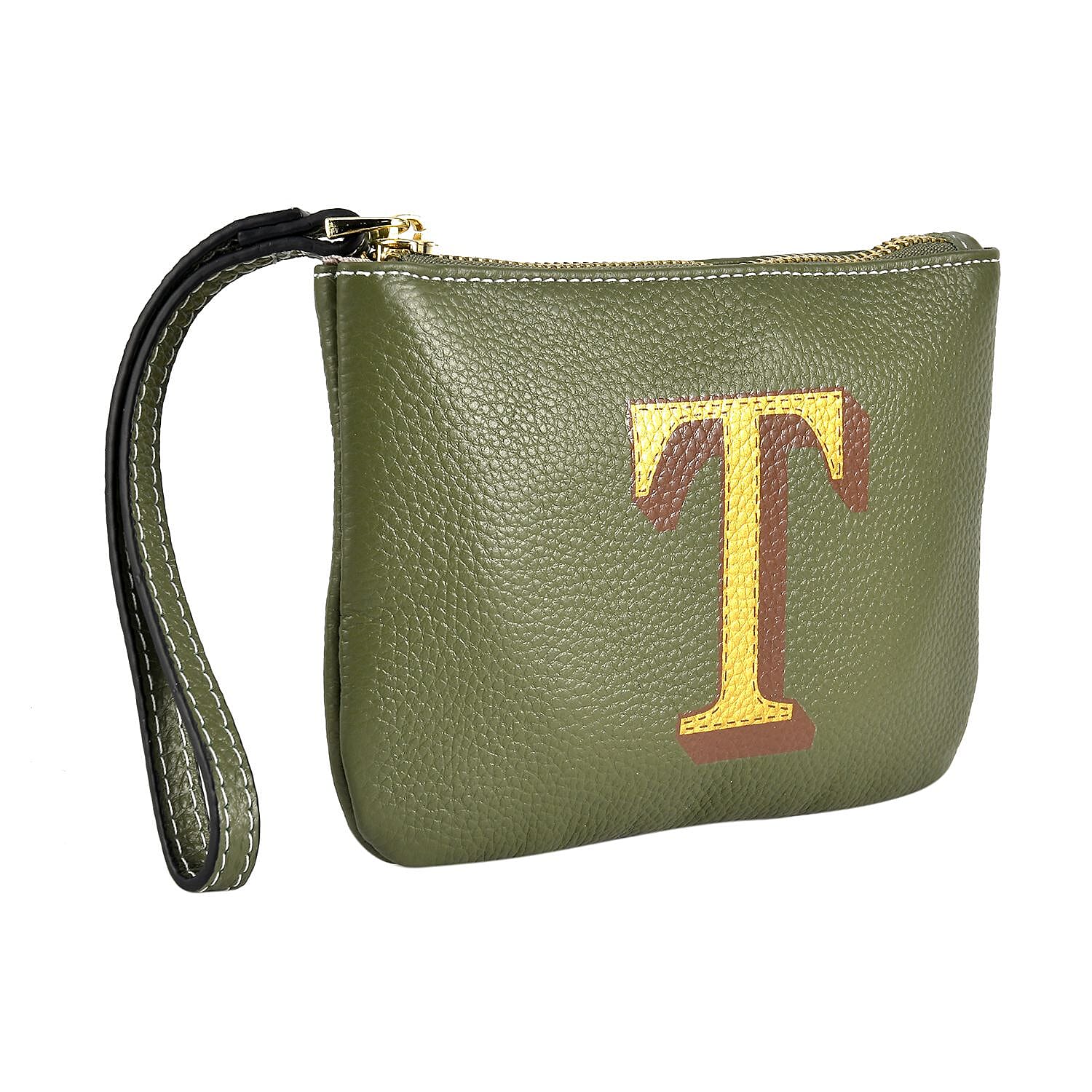 100% Genuine Leather Alphabet T Wallet with RFID Protection (Size 18x12 Cm) - Dark Green