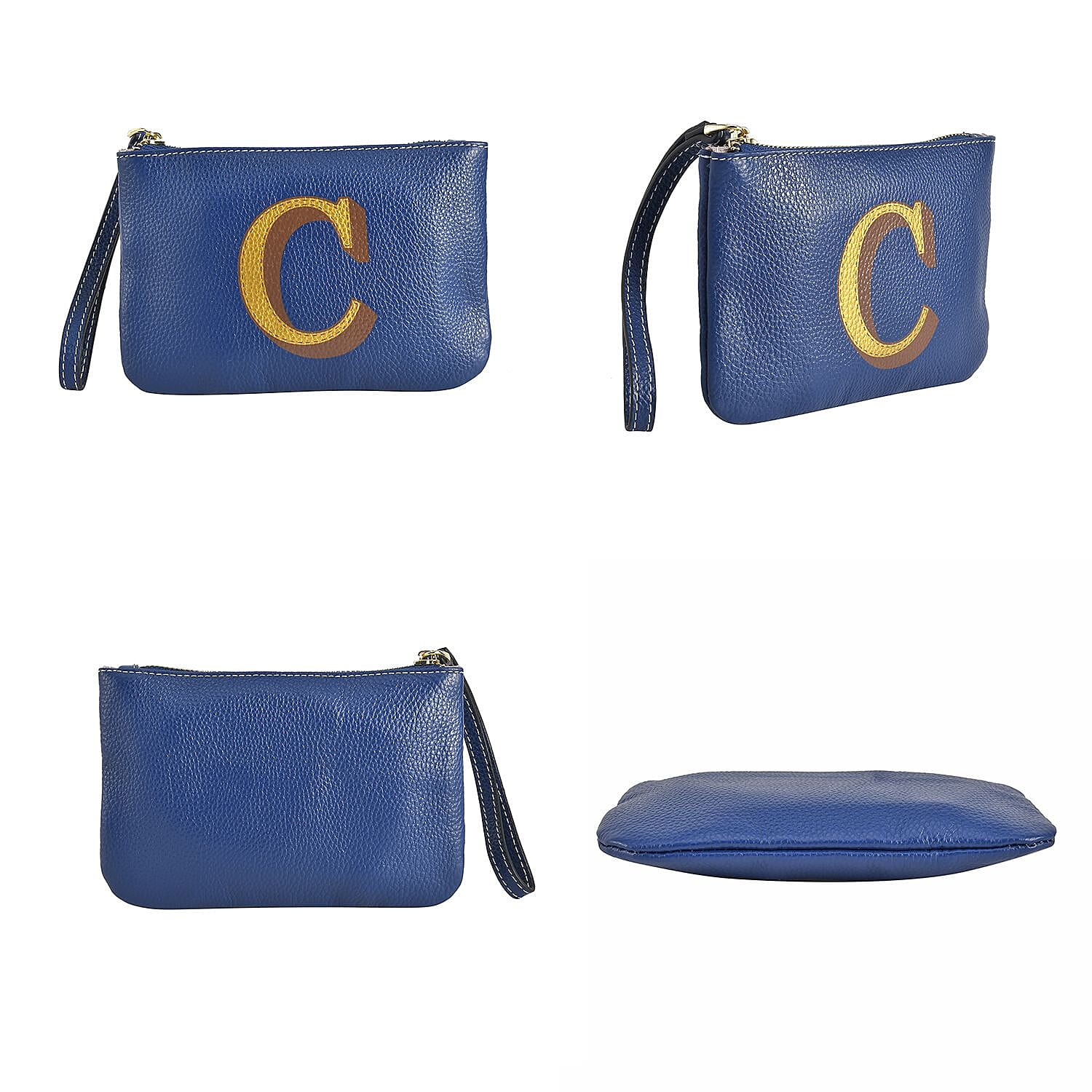 100% Genuine Leather C Letterpress Wristlet Clutch - Dark Blue