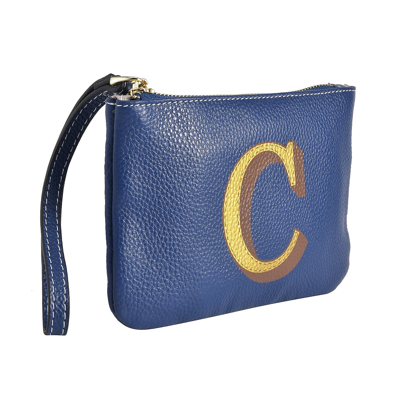 100% Genuine Leather C Letterpress Wristlet Clutch - Dark Blue