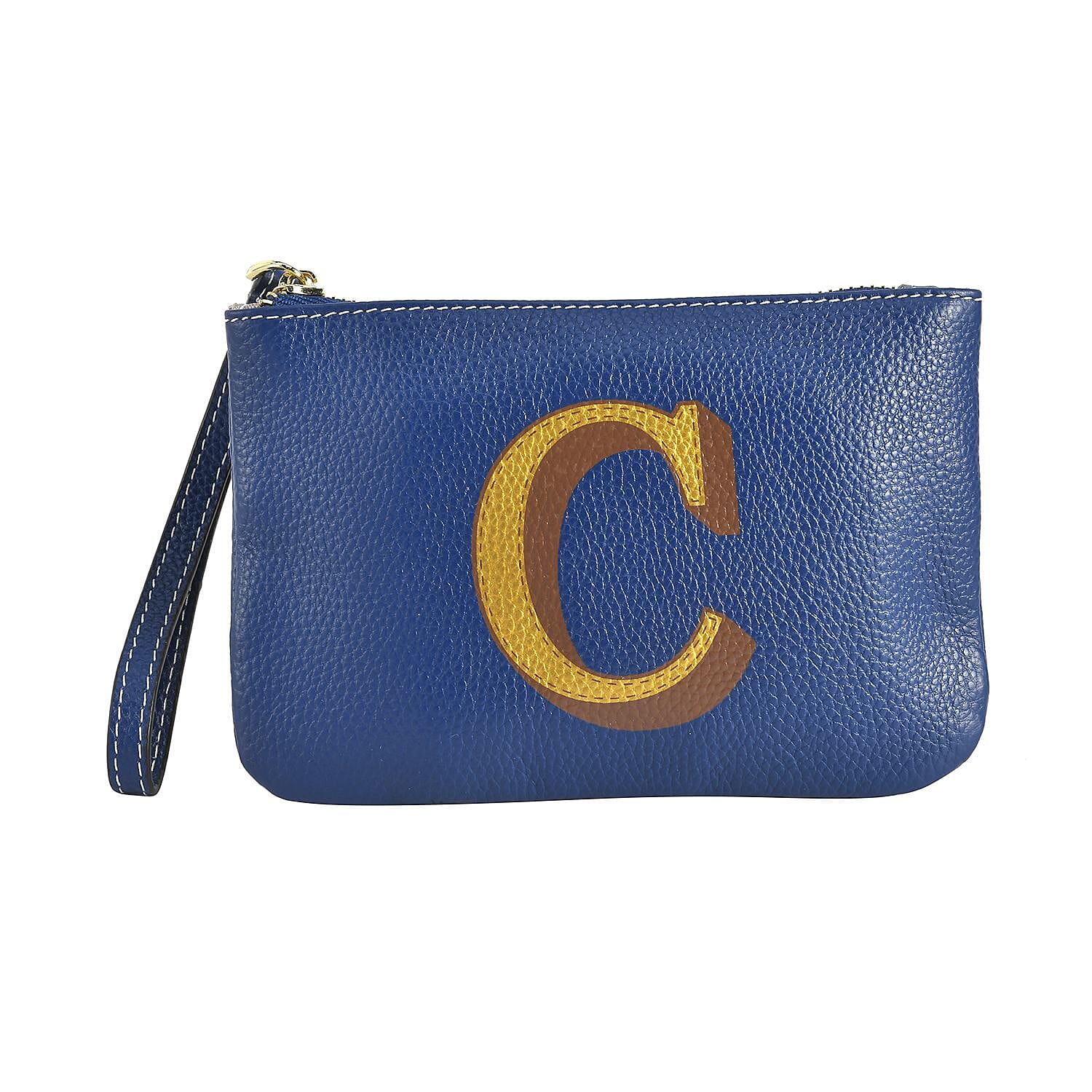 100% Genuine Leather C Letterpress Wristlet Clutch - Navy