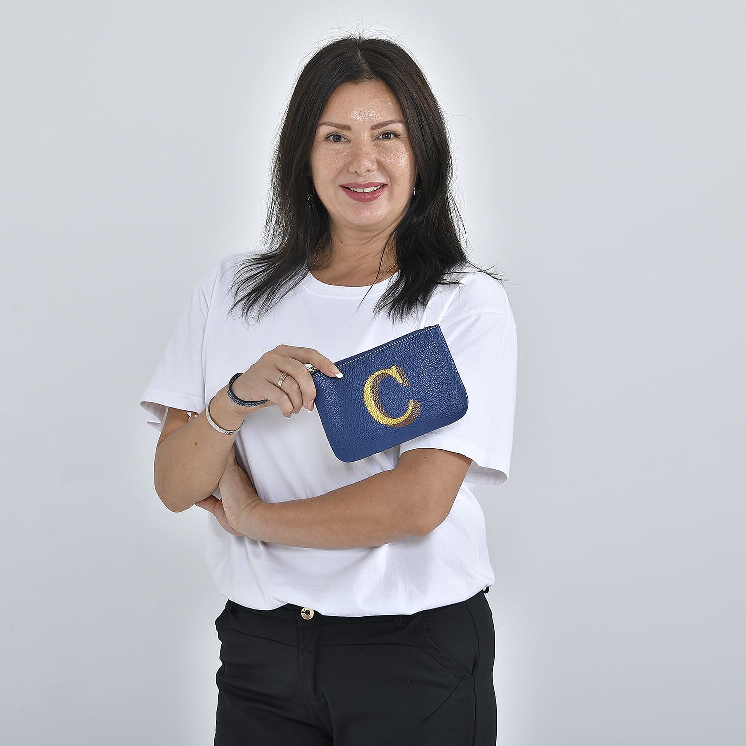 100% Genuine Leather C Letterpress Wristlet Clutch - Navy