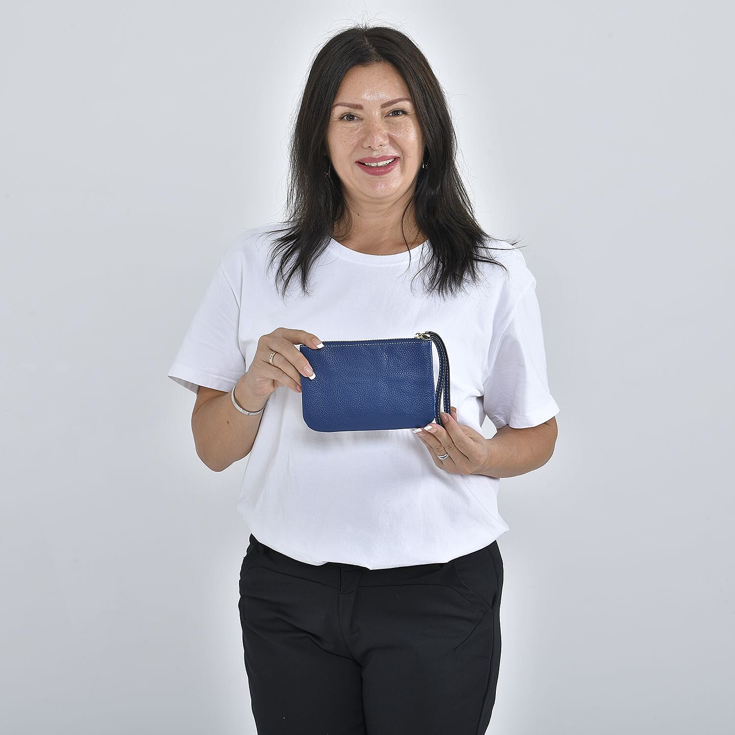 100% Genuine Leather C Letterpress Wristlet Clutch - Navy