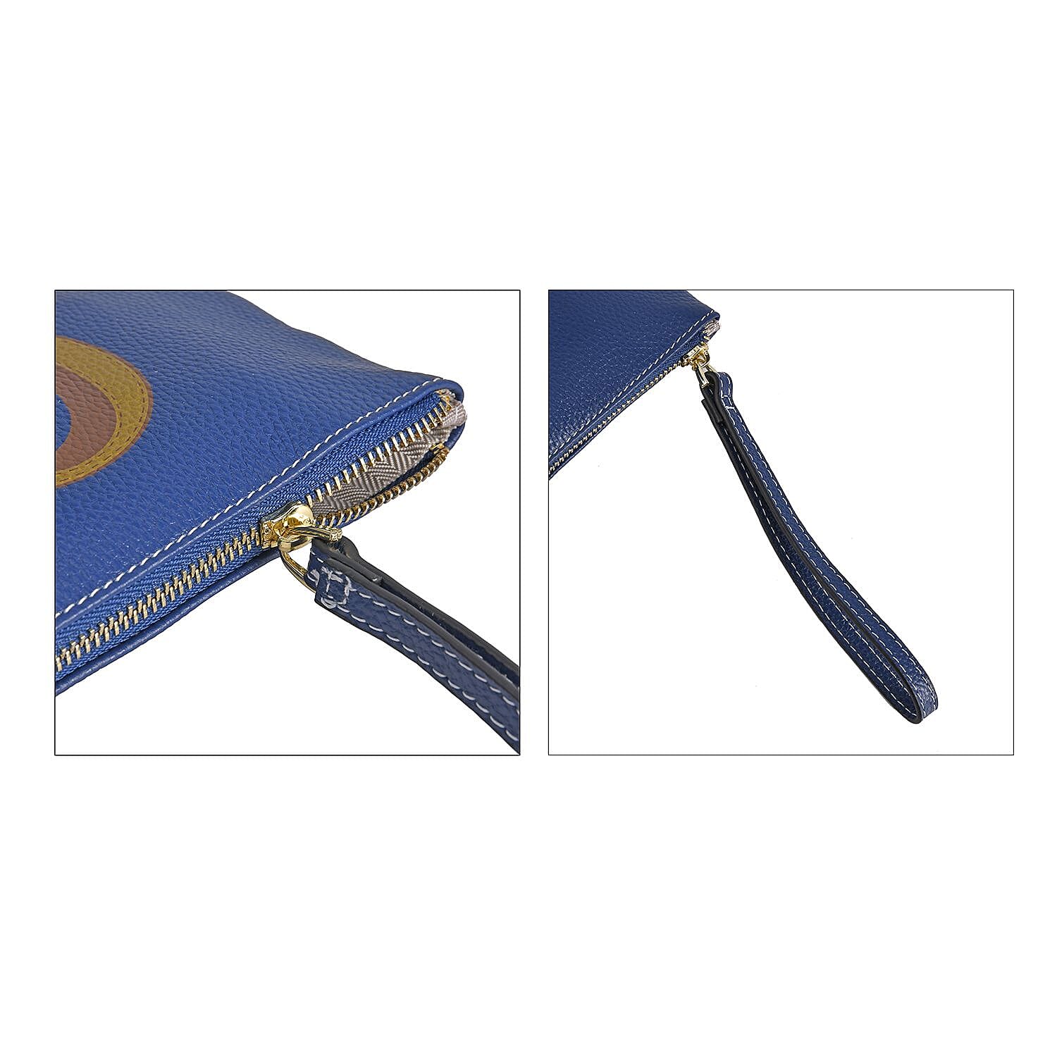100% Genuine Leather C Letterpress Wristlet Clutch - Navy