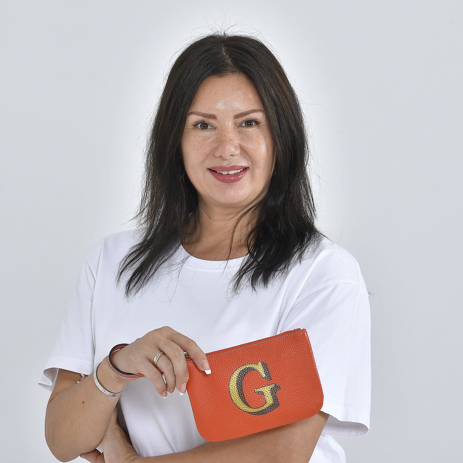 100% Genuine Leather G Letterpress Wristlet Clutch - Orange