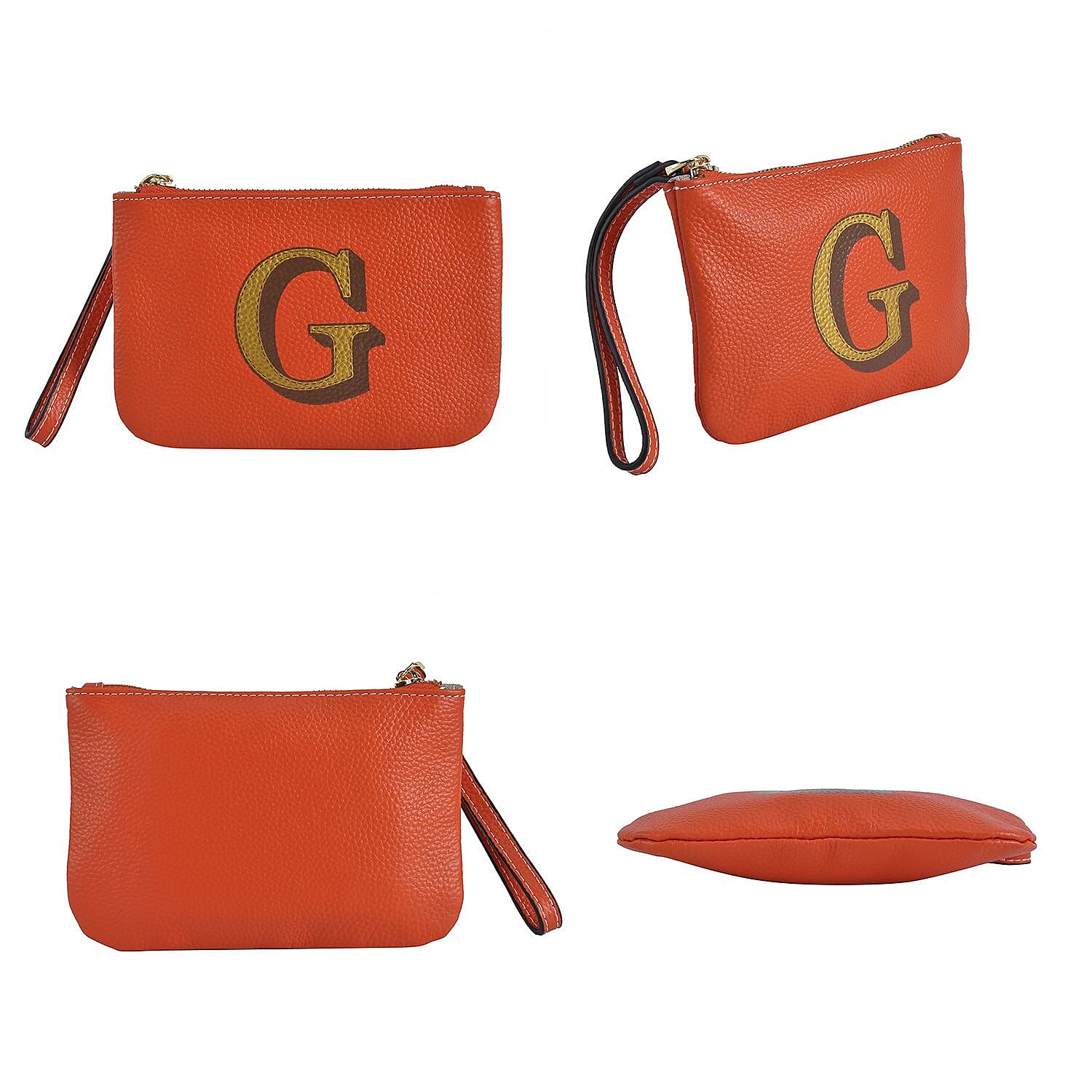 100% Genuine Leather G Letterpress Wristlet Clutch - Orange