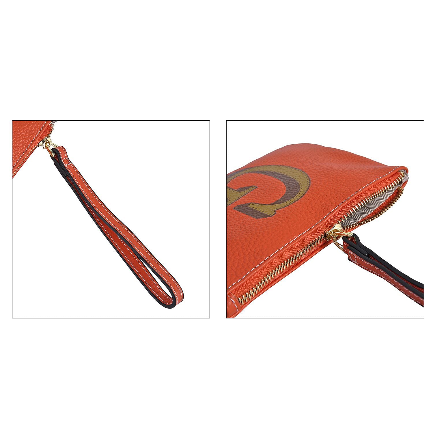 100% Genuine Leather G Letterpress Wristlet Clutch - Orange