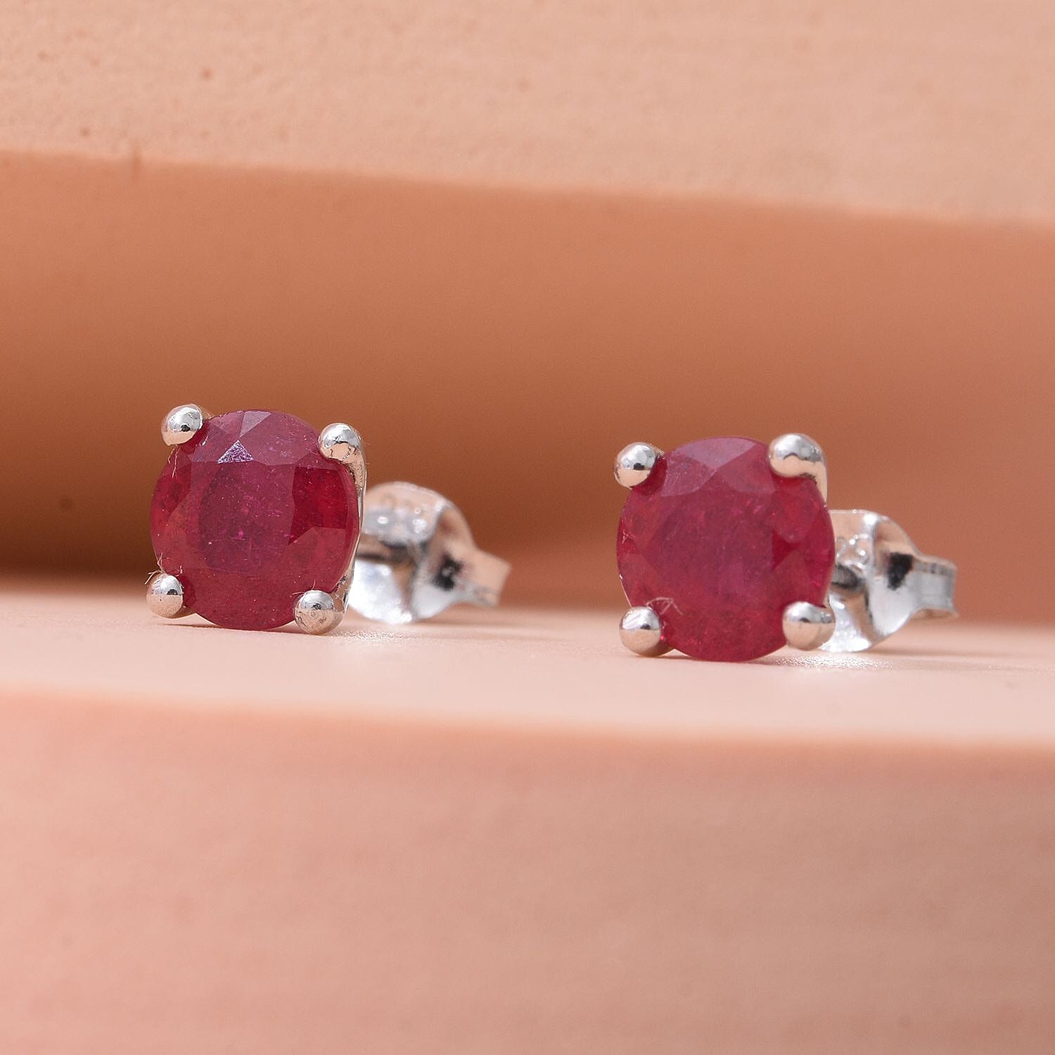 African Ruby Stud Earrings (with Push Back) in Platinum Overlay Sterling Silver 2.00 Ct.