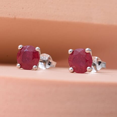 African Ruby Stud Earrings (with Push Back) in Platinum Overlay Sterling Silver 2.00 Ct.