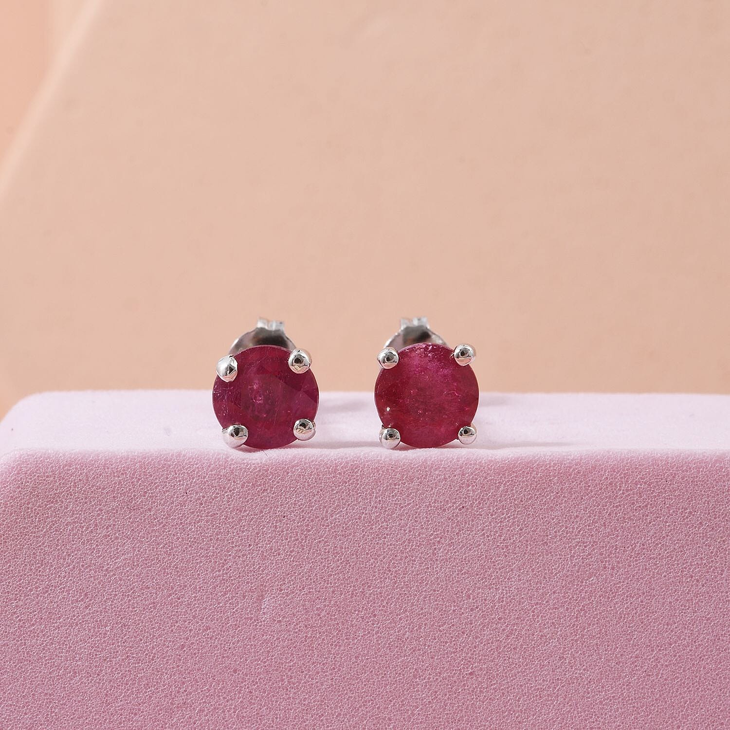 African Ruby Stud Earrings (with Push Back) in Platinum Overlay Sterling Silver 2.00 Ct.
