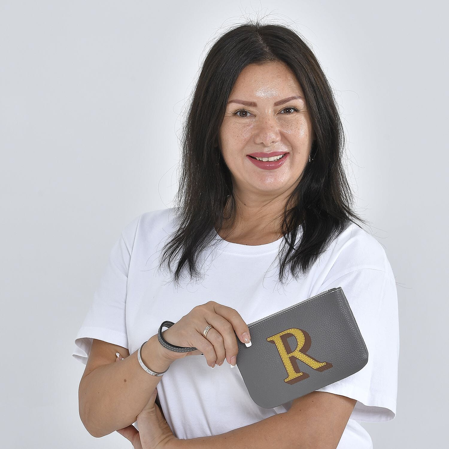 100% Genuine Leather R Letterpress Wristlet Clutch - Grey