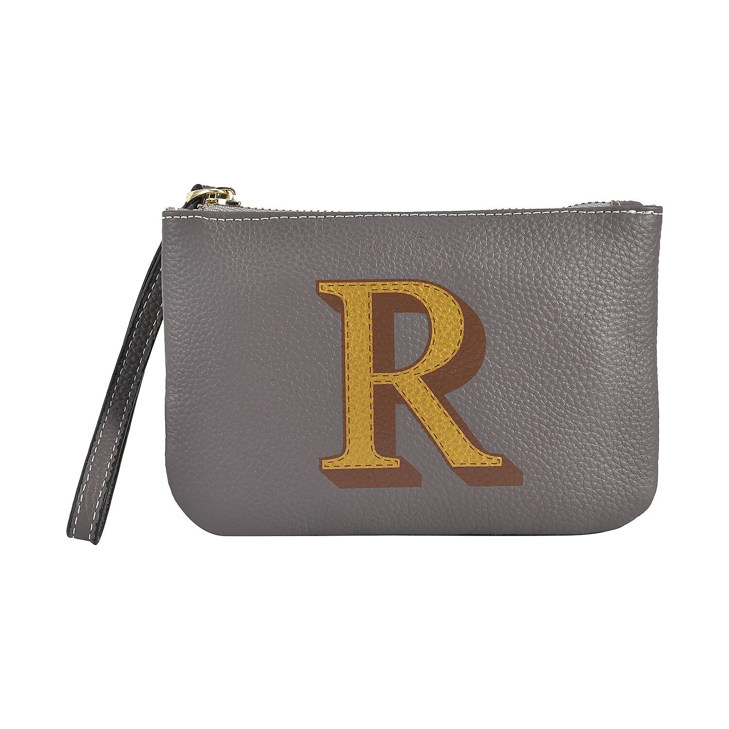 100% Genuine Leather R Letterpress Wristlet Clutch - Grey