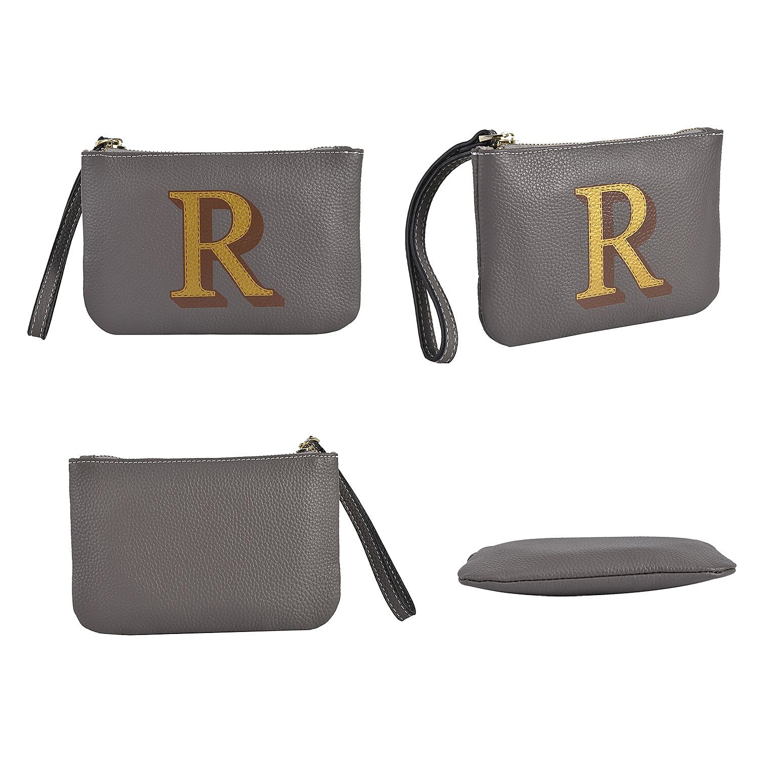 100% Genuine Leather R Letterpress Wristlet Clutch - Grey