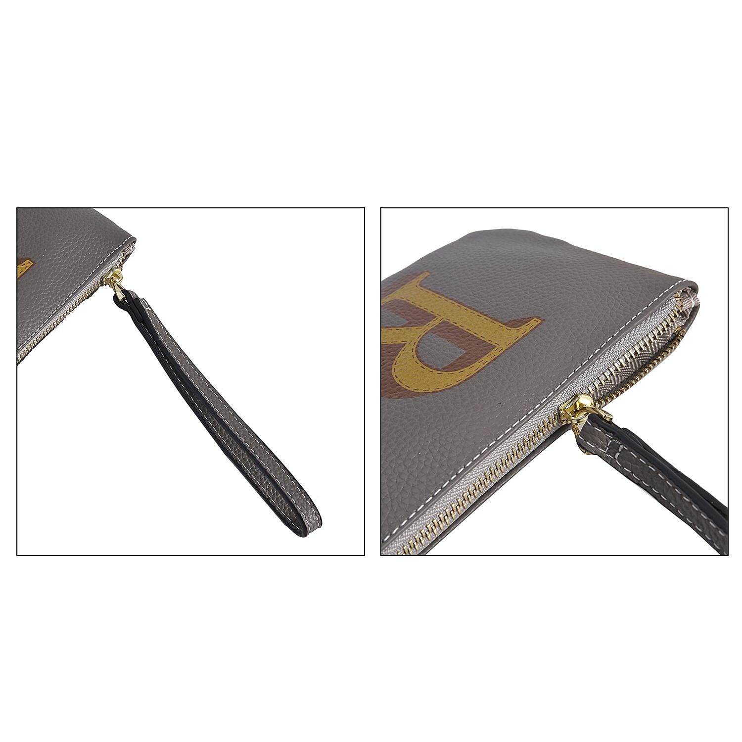 100% Genuine Leather R Letterpress Wristlet Clutch - Grey