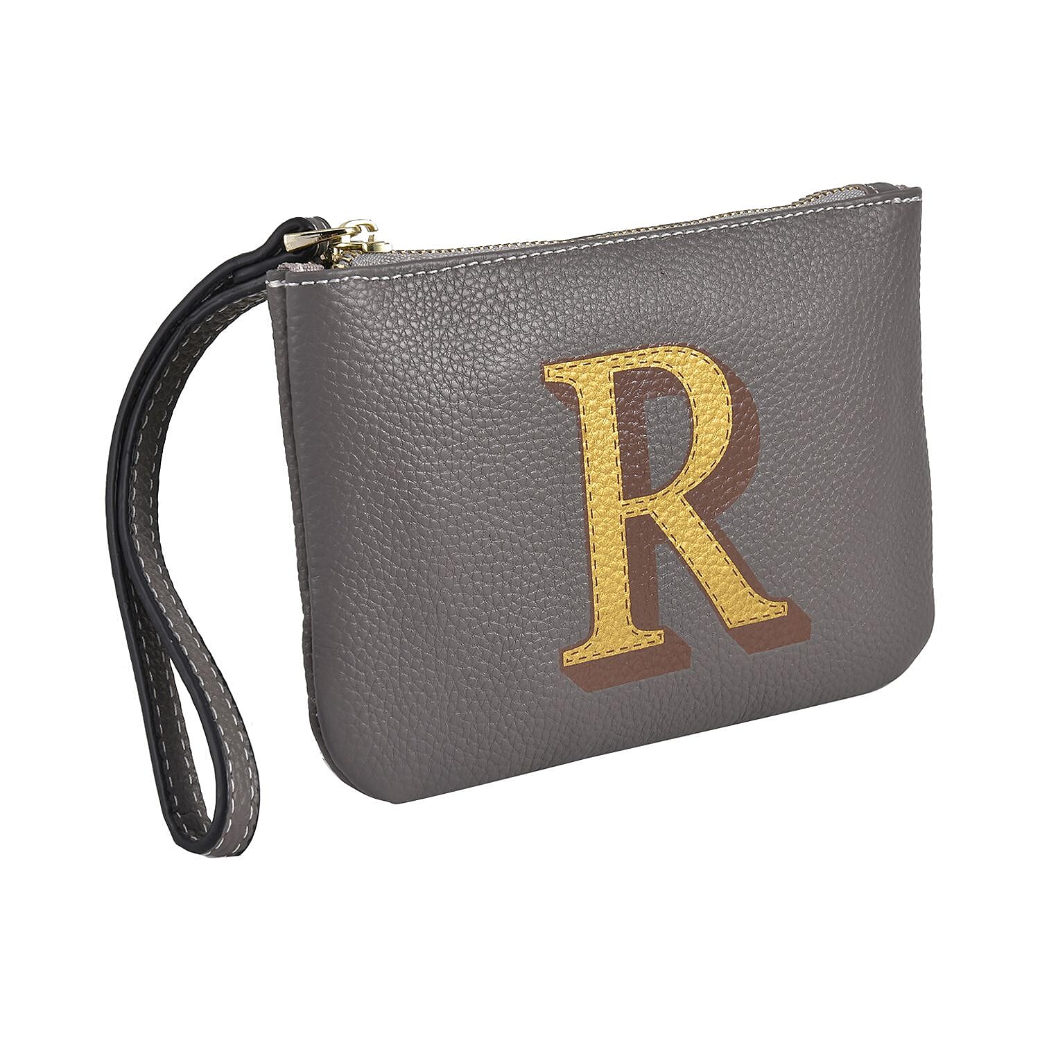 100% Genuine Leather R Letterpress Wristlet Clutch - Grey