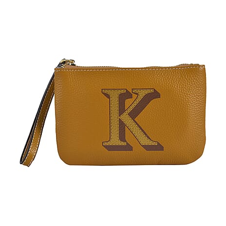100% Genuine Leather K Letterpress Wristlet Clutch - Mustard