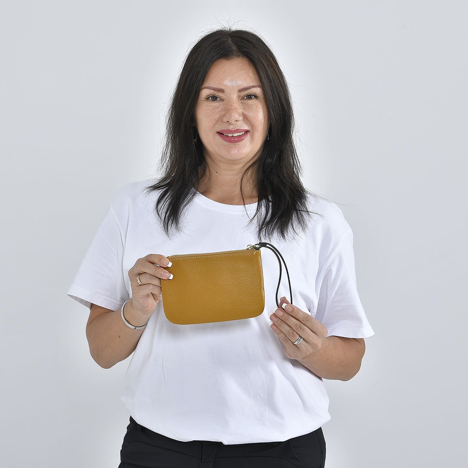 100% Genuine Leather K Letterpress Wristlet Clutch - Mustard