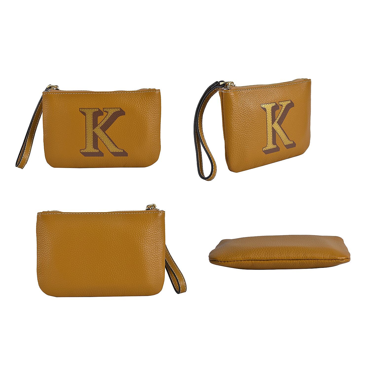 100% Genuine Leather K Letterpress Wristlet Clutch - Mustard