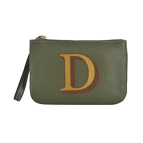 100% Genuine Leather D Letterpress Wristlet Clutch - Army Green