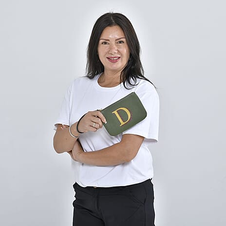 100% Genuine Leather D Letterpress Wristlet Clutch - Army Green