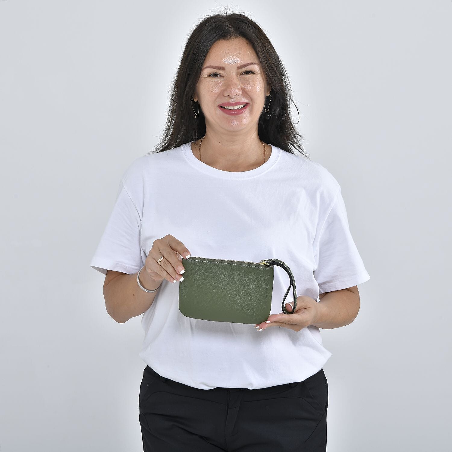 100% Genuine Leather D Letterpress Wristlet Clutch - Army Green