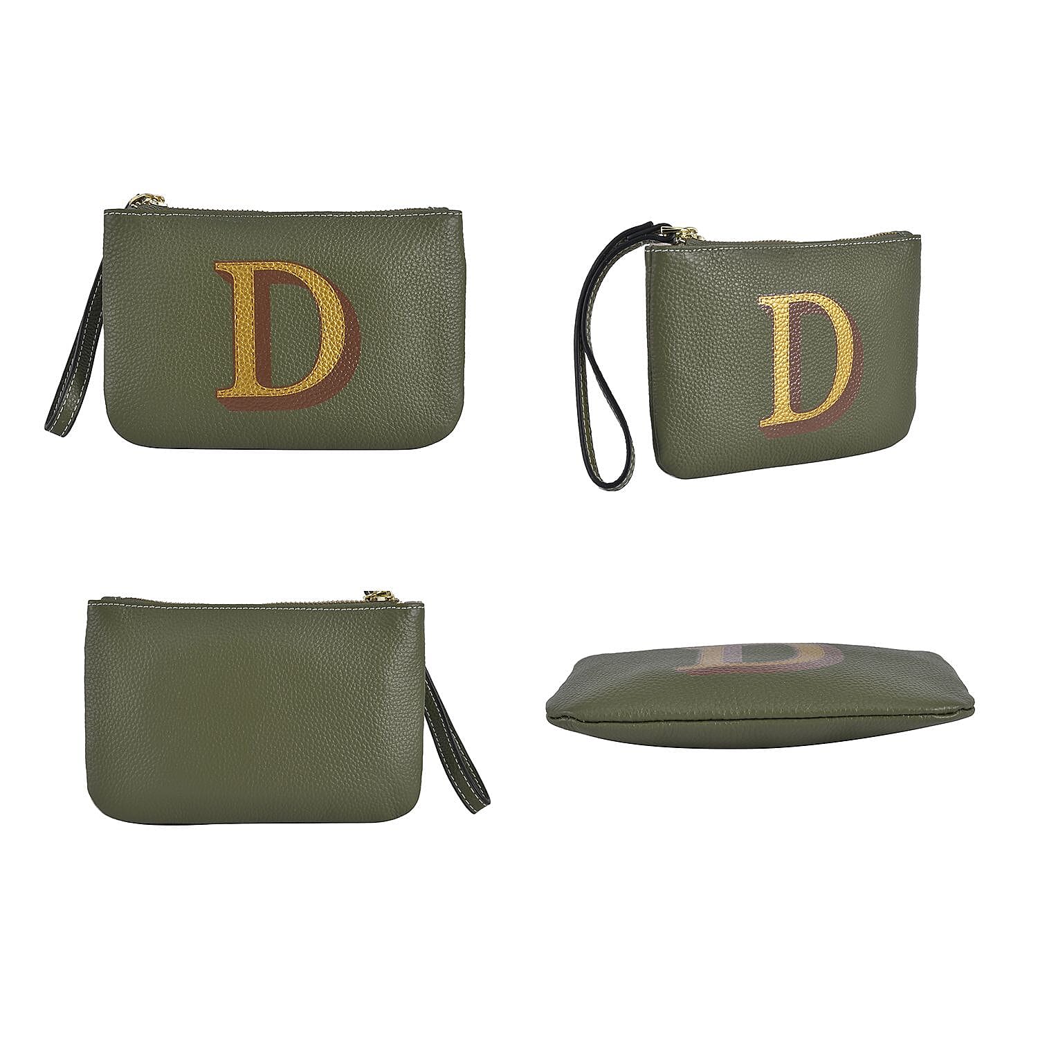 100% Genuine Leather D Letterpress Wristlet Clutch - Army Green