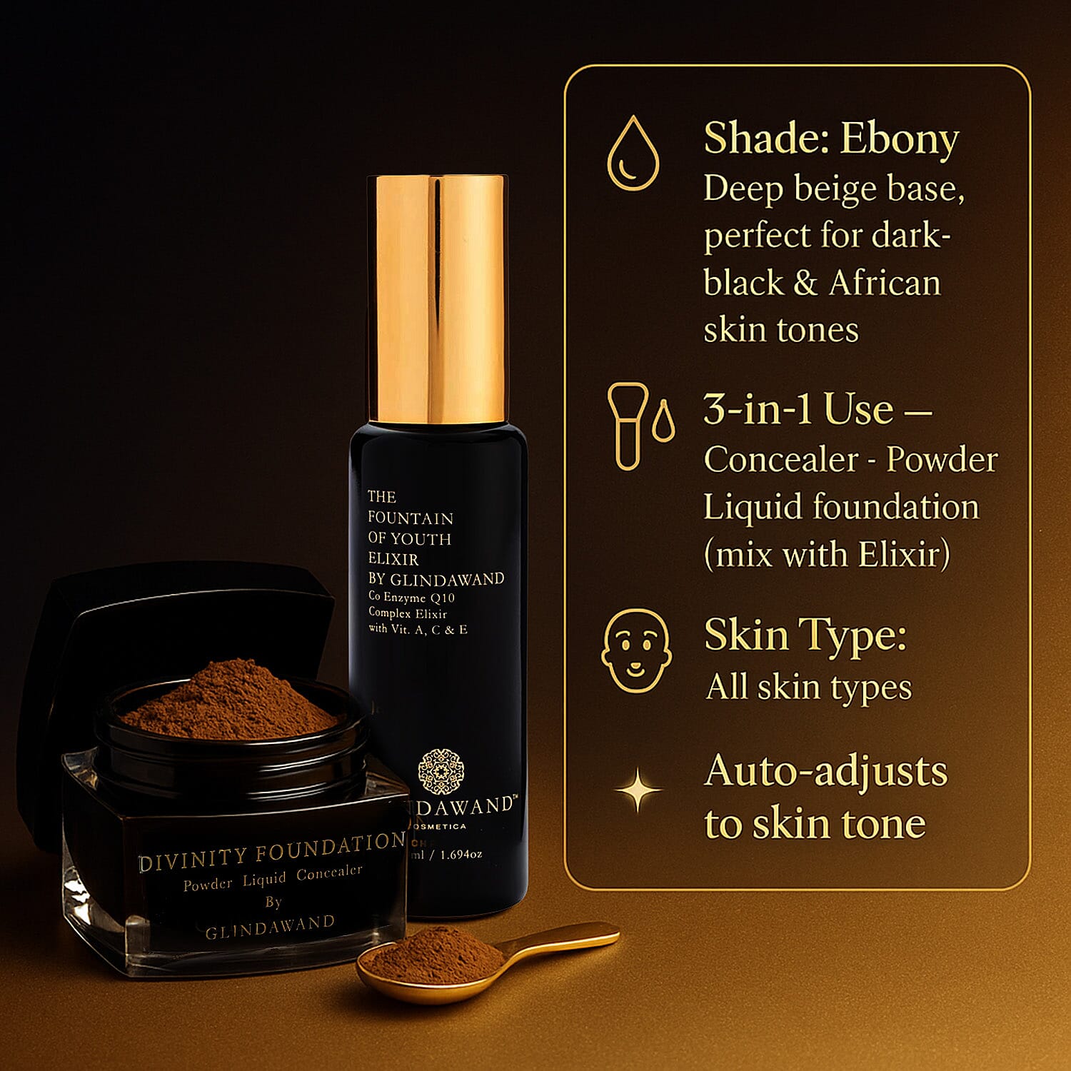 Glindawand- Duo Gift Box (Incl. Fountain of Youth Elixir - 25ml & Divinity Foundation) - Ebony (With Free Fibre Brush with Spoon)