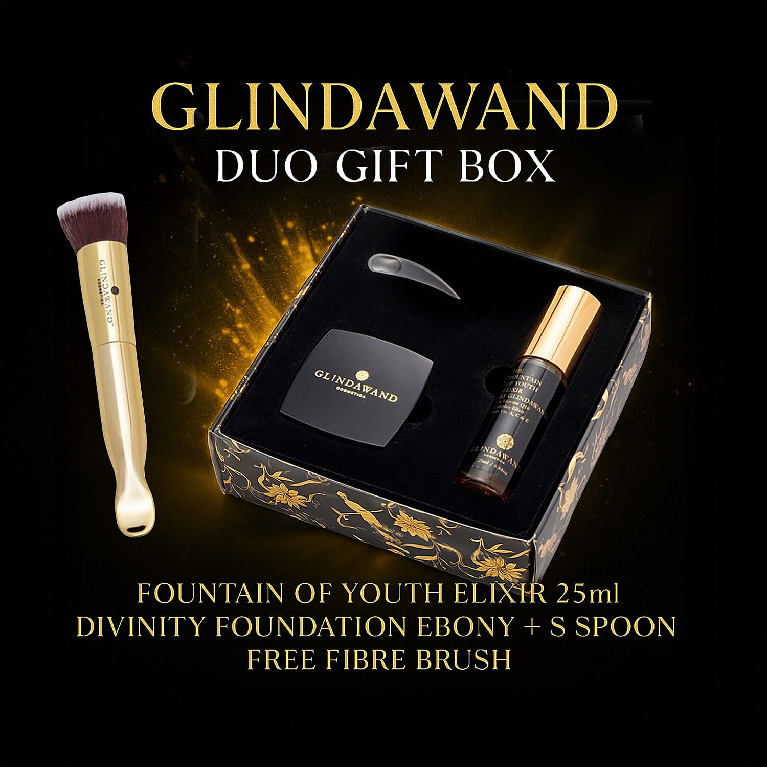 Glindawand- Duo Gift Box (Incl. Fountain of Youth Elixir - 25ml & Divinity Foundation) - Ebony (With Free Fibre Brush with Spoon)