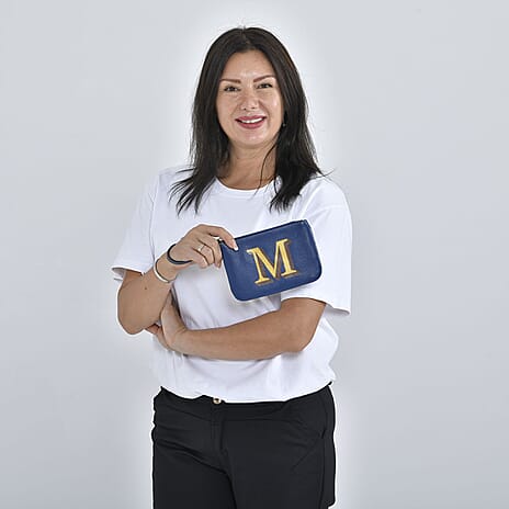 100% Genuine Leather Alphabet M Wallet with RFID Protection - Dark Blue