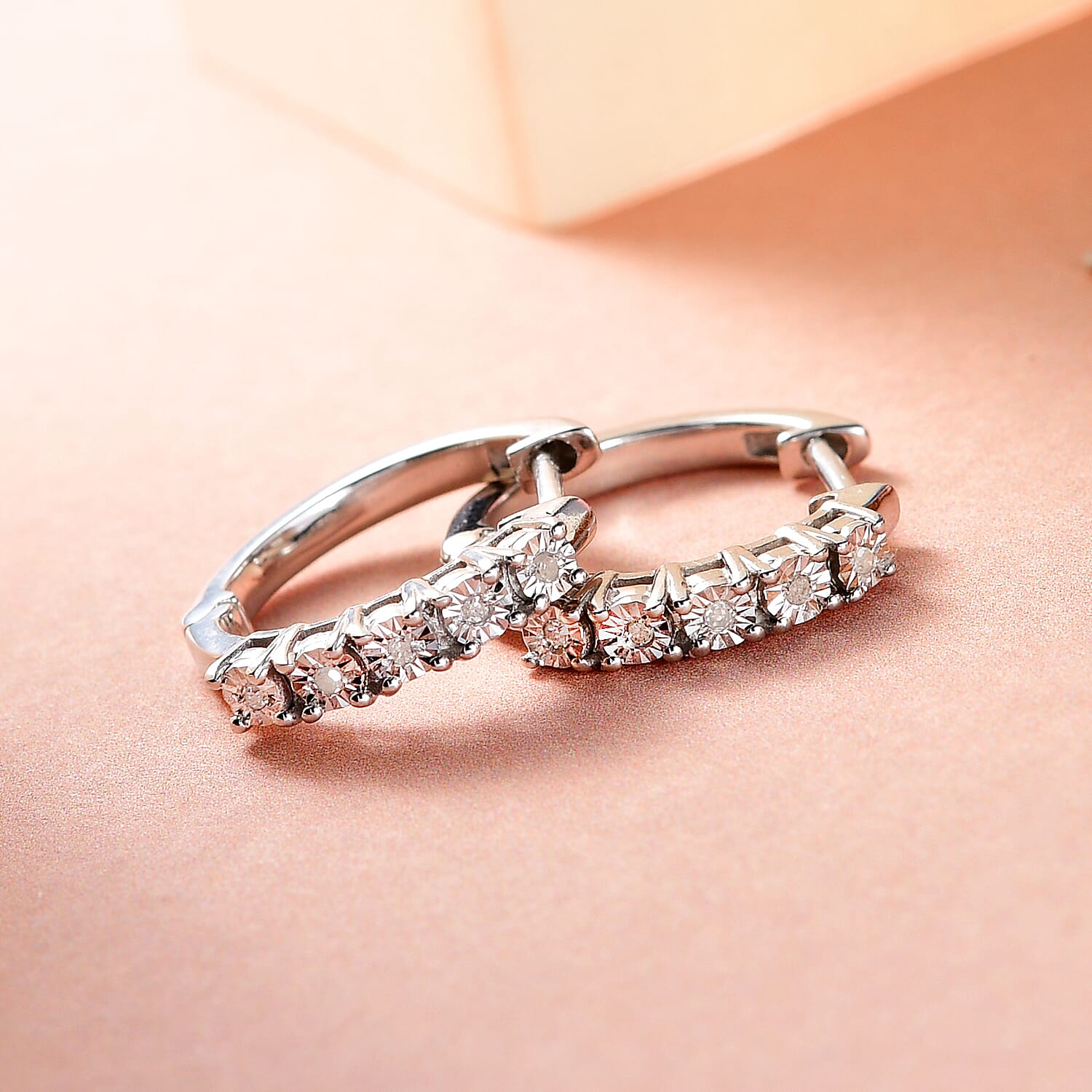 Natural White Diamond Hoop Earrings in Platinum Overlay Sterling Silver