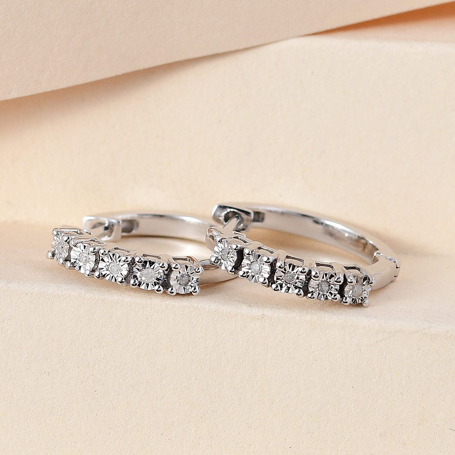 Natural White Diamond Hoop Earrings in Platinum Overlay Sterling Silver
