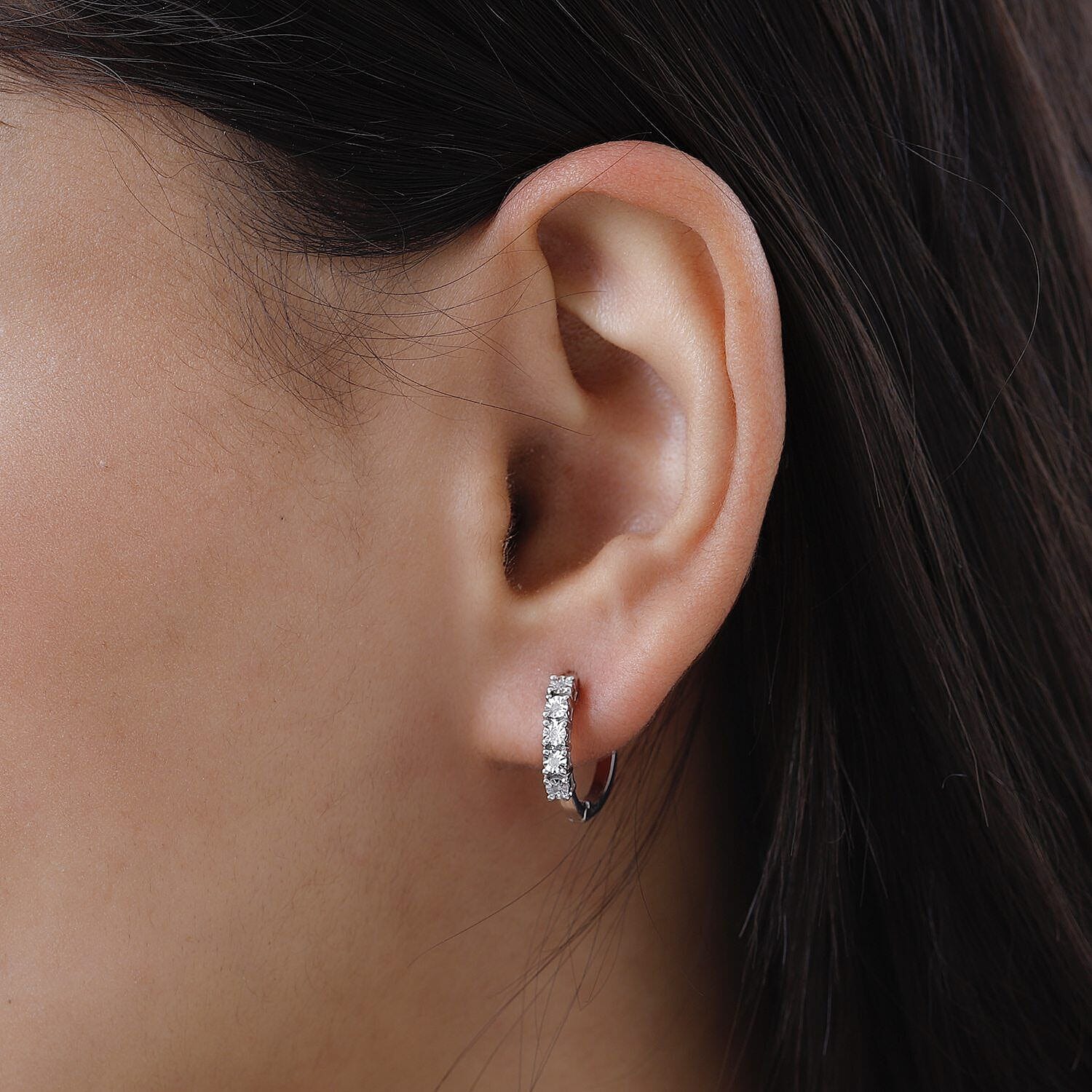 Natural White Diamond Hoop Earrings in Platinum Overlay Sterling Silver