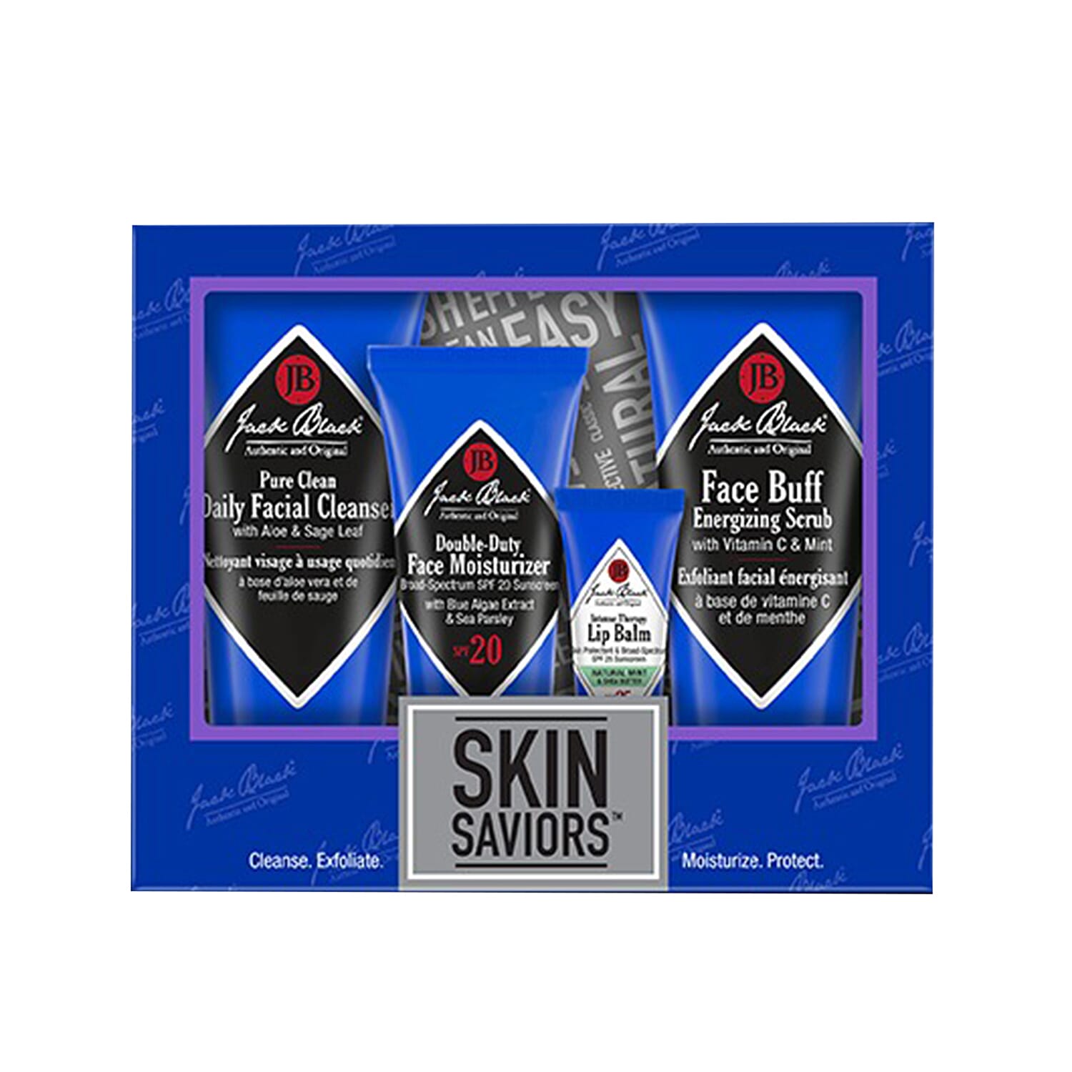 Jack Black, Skin Saviors (Pure Clean Daily Facial Cleanser 88ml, Double Duty Facial Moisturiser SPF20 44ml, Intense Therapy Lip Balm 7g, Face Buff Energizing Scrub 88ml)