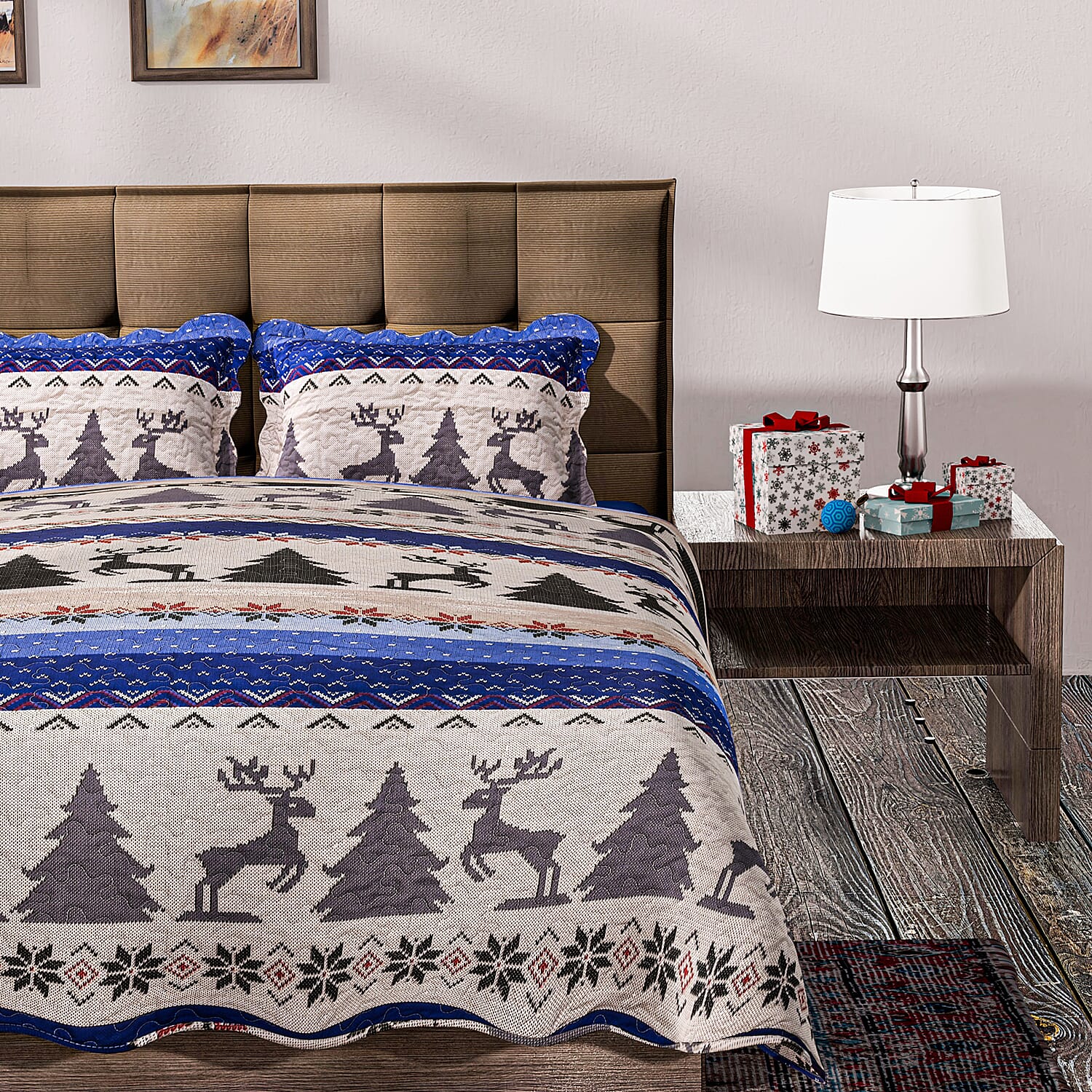 Christmas Bedding Set - Microfibre Quilt and Two Pillowcases (Size Double) - Blue