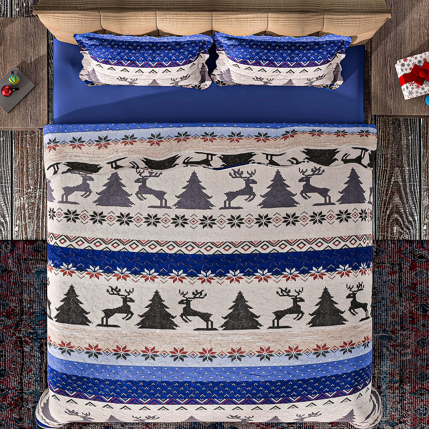 Christmas Bedding Set - Microfibre Quilt and Two Pillowcases (Size Double) - Blue