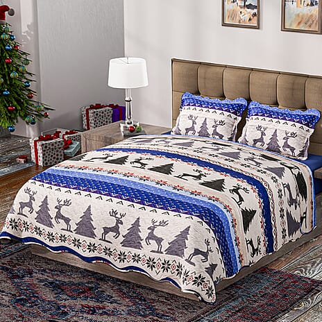 Christmas Bedding Set - Microfibre Quilt and Two Pillowcases (Size King) - Blue