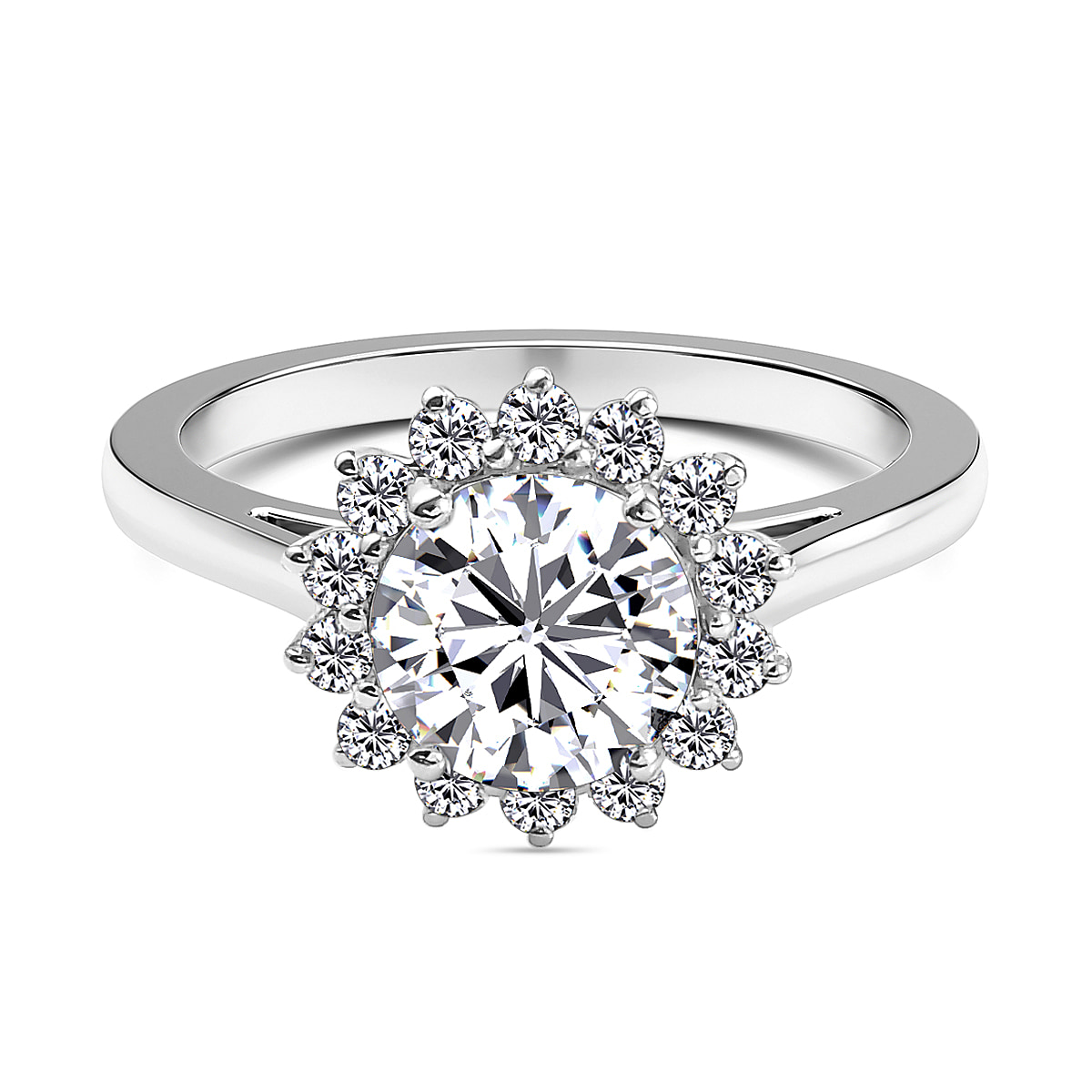 Moissanite Halo Ring in Platinum Overlay Sterling Silver 2.55 Ct.