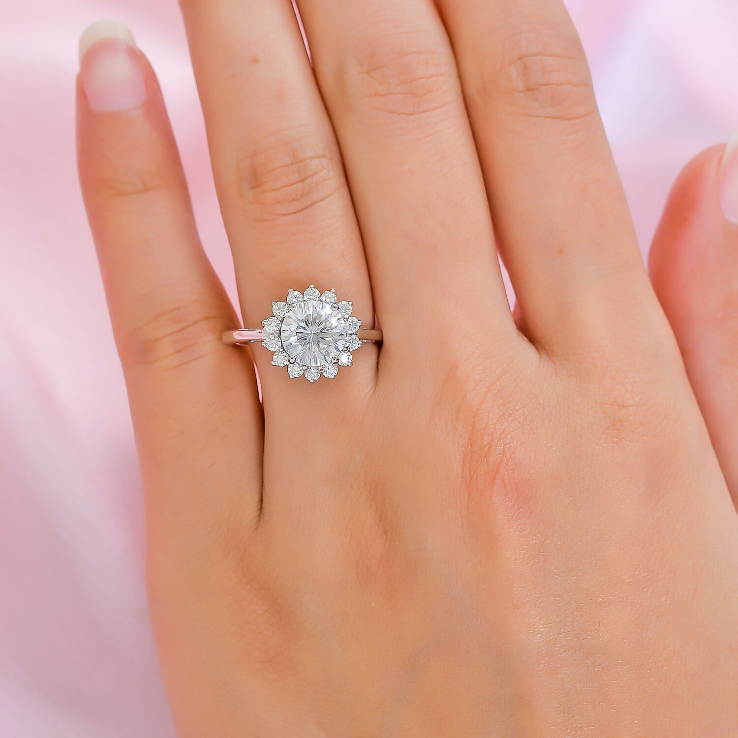 Moissanite Halo Ring in Platinum Overlay Sterling Silver 2.55 Ct.