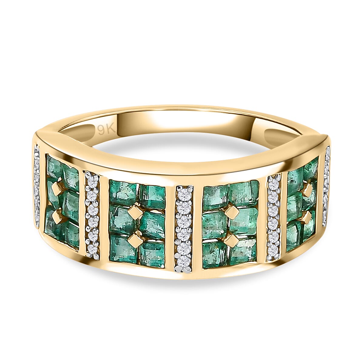 9K Yellow Gold AA Colombian Emerald and Diamond Ring 1.21 Ct.