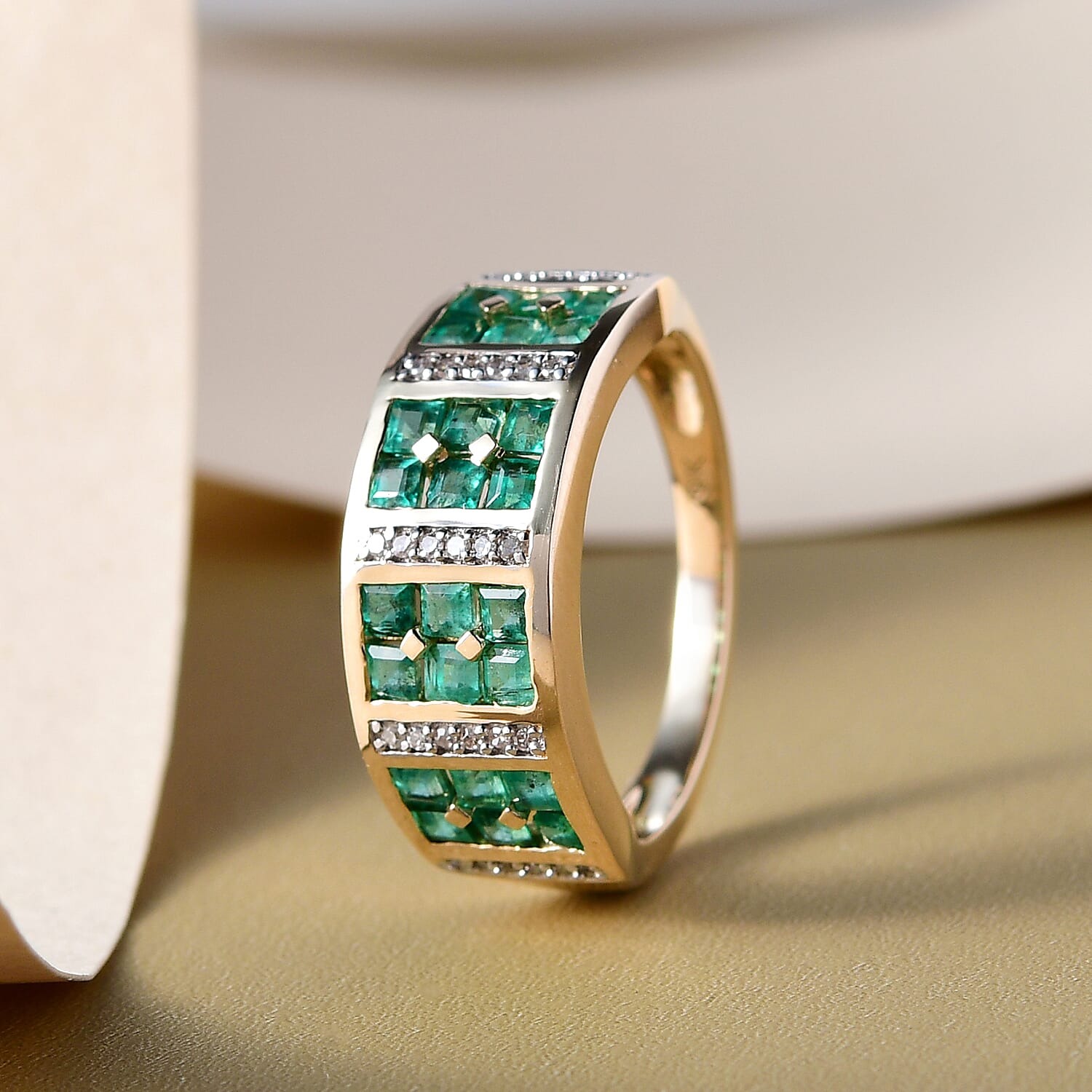9K Yellow Gold AA Colombian Emerald and Diamond Ring 1.21 Ct.