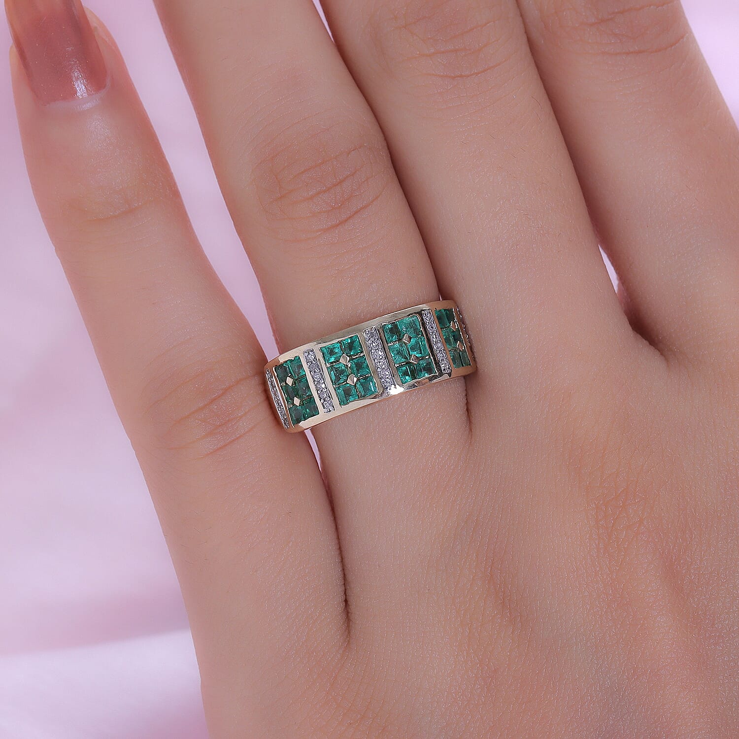 9K Yellow Gold AA Colombian Emerald and Diamond Ring 1.21 Ct.