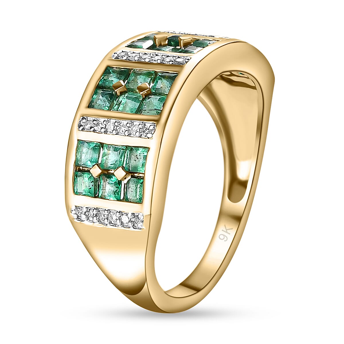 9K Yellow Gold AA Colombian Emerald and Diamond Ring 1.21 Ct.