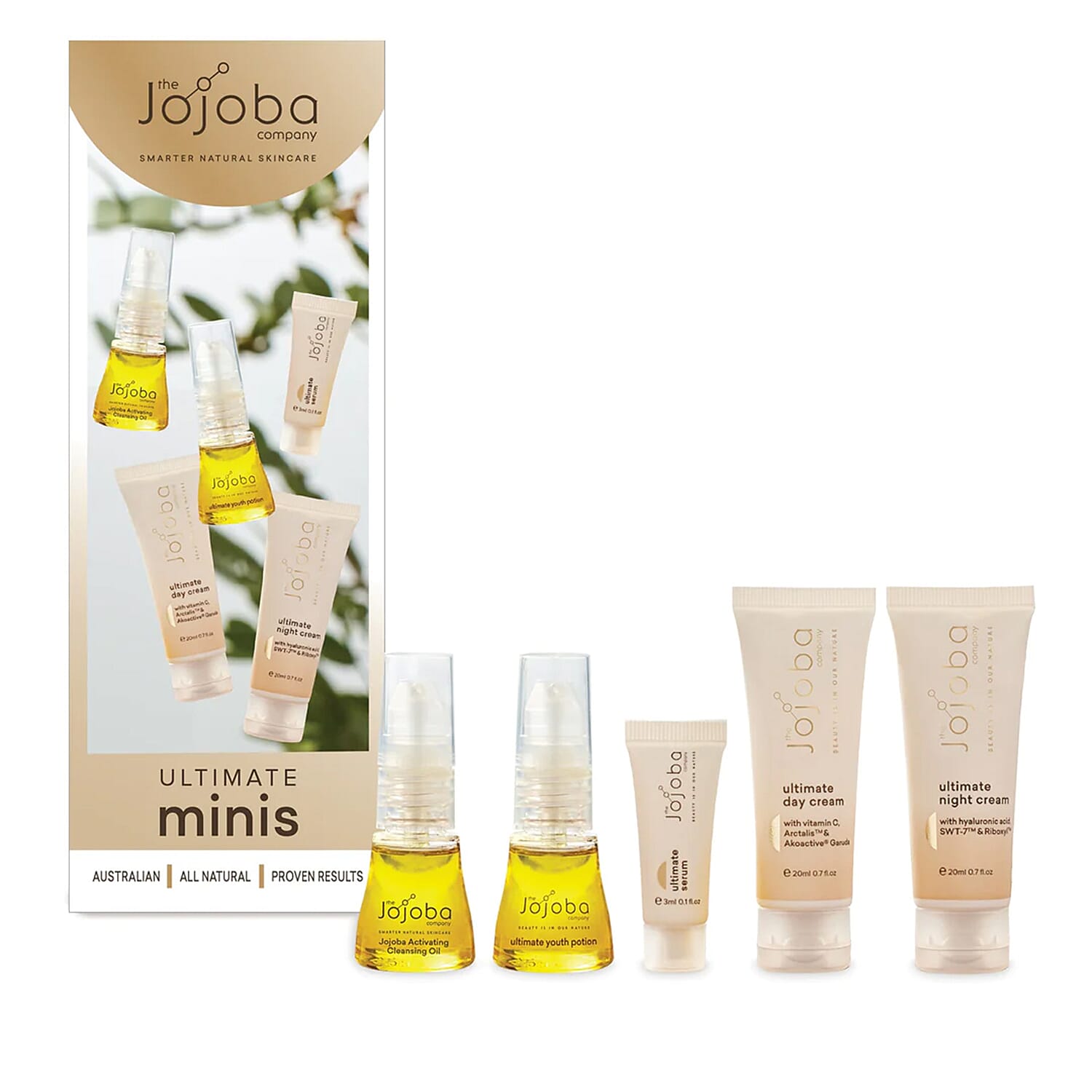 Jojoba Ultimate Minis Skincare Set (Includes 15ml Activating Cleansing Oil, 3ml Ultimate Serum,15ml Ultimate Youth Potion, 20ml Ultimate Day Cream, 20ml Ultimate Night Cream)