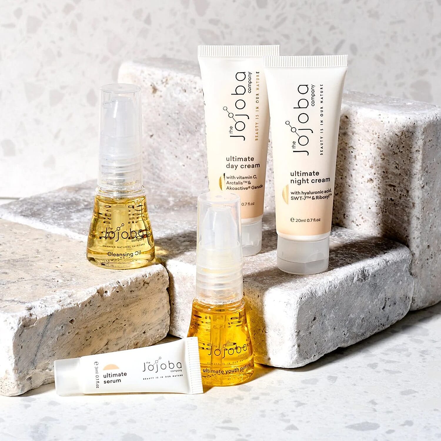 Jojoba Ultimate Minis Skincare Set (Includes 15ml Activating Cleansing Oil, 3ml Ultimate Serum,15ml Ultimate Youth Potion, 20ml Ultimate Day Cream, 20ml Ultimate Night Cream)